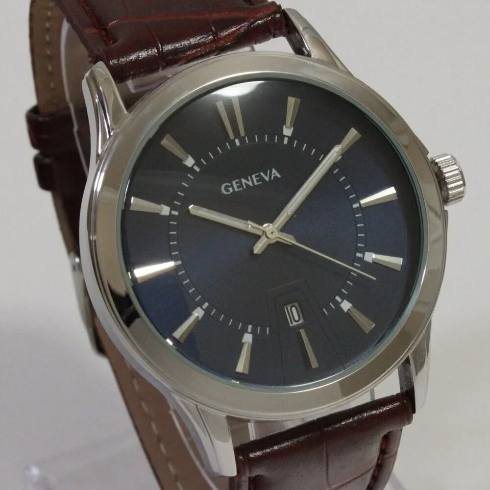 Geneva Men's Dress Watch Silver Tone Navy Blue Dial Brown Strap 42mm